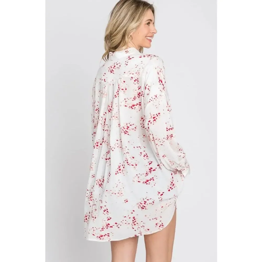 Ivory Print Button Down Blouse Oversized Flowy Top Size Large - Picture 3 of 5